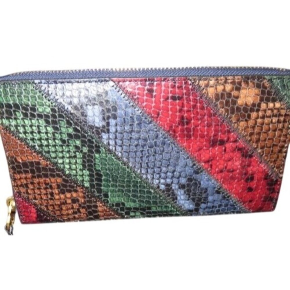 Tory Burch Gemini Link Multi Color Snakeskin Python Full Zip Continental Wallet